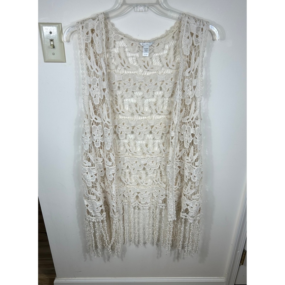 Crochet Lace Vest Women 18/20W Cream Boho Fringe Floral Cotton Cardigan Festival